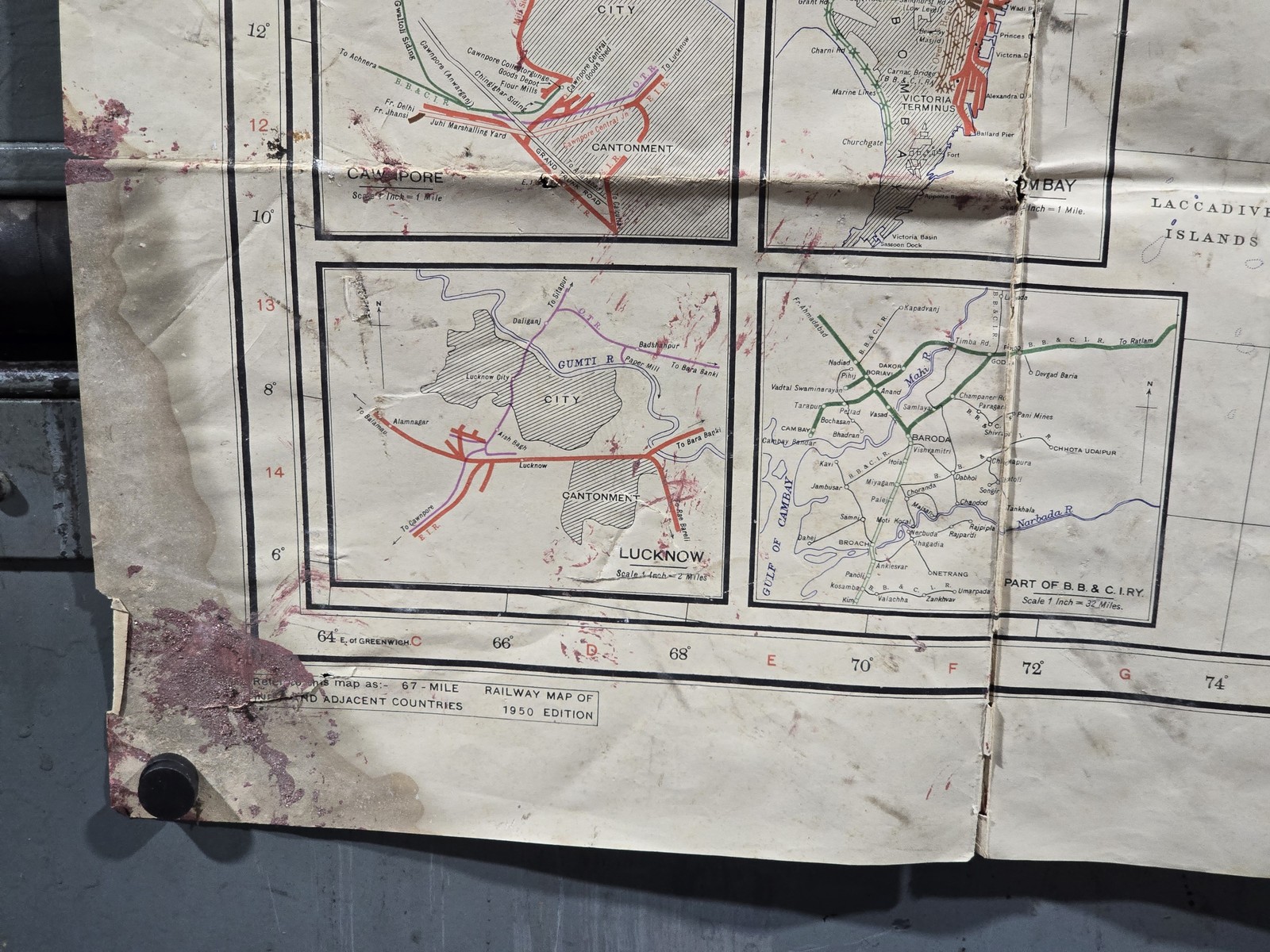 Vintage 1950s Railway Map of India Delhi Madras Calcutta Coalfields 42×32