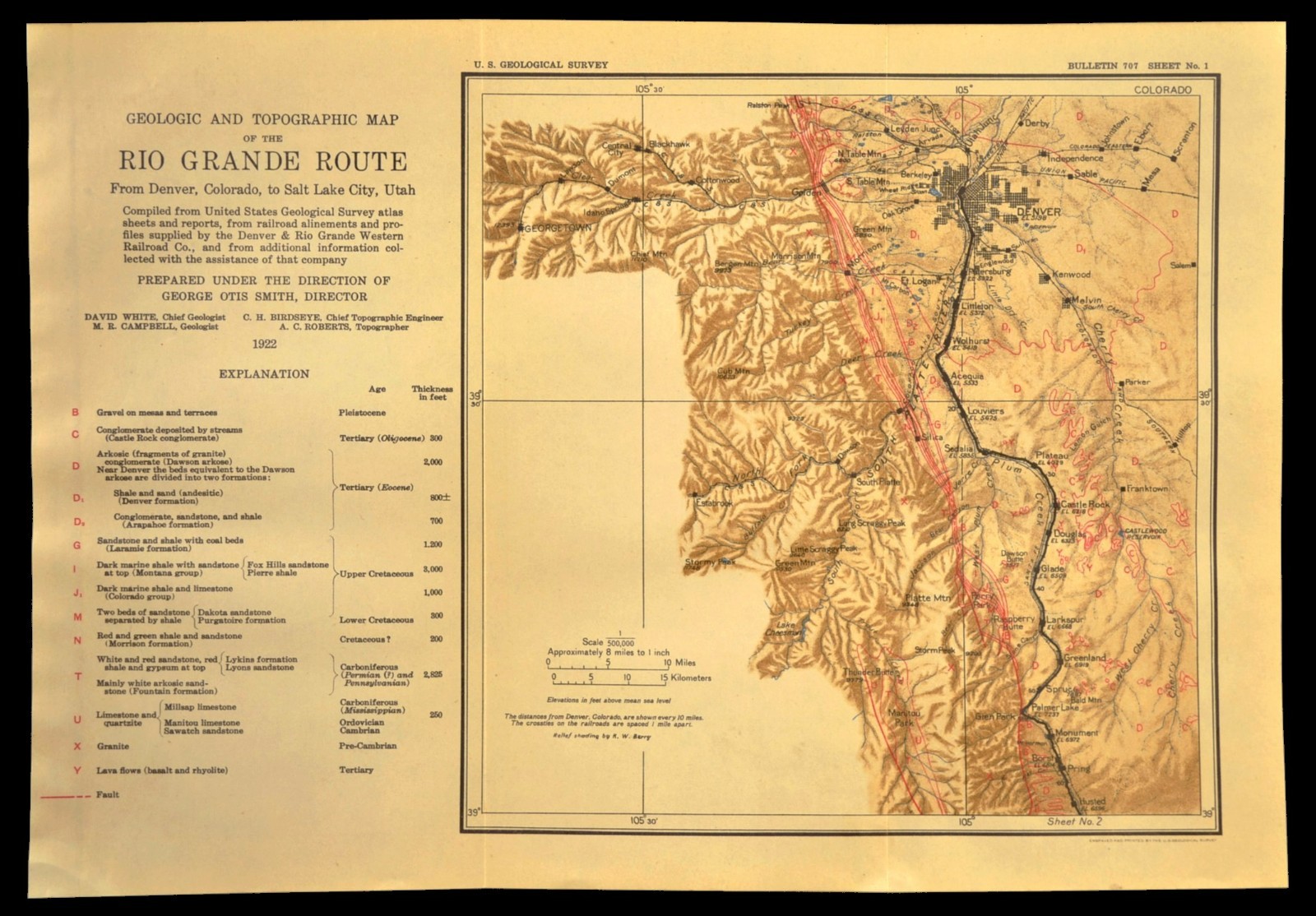 1922 Antique Denver Rio Grande Railroad Map Castle Rock Colorado Parker Husted
