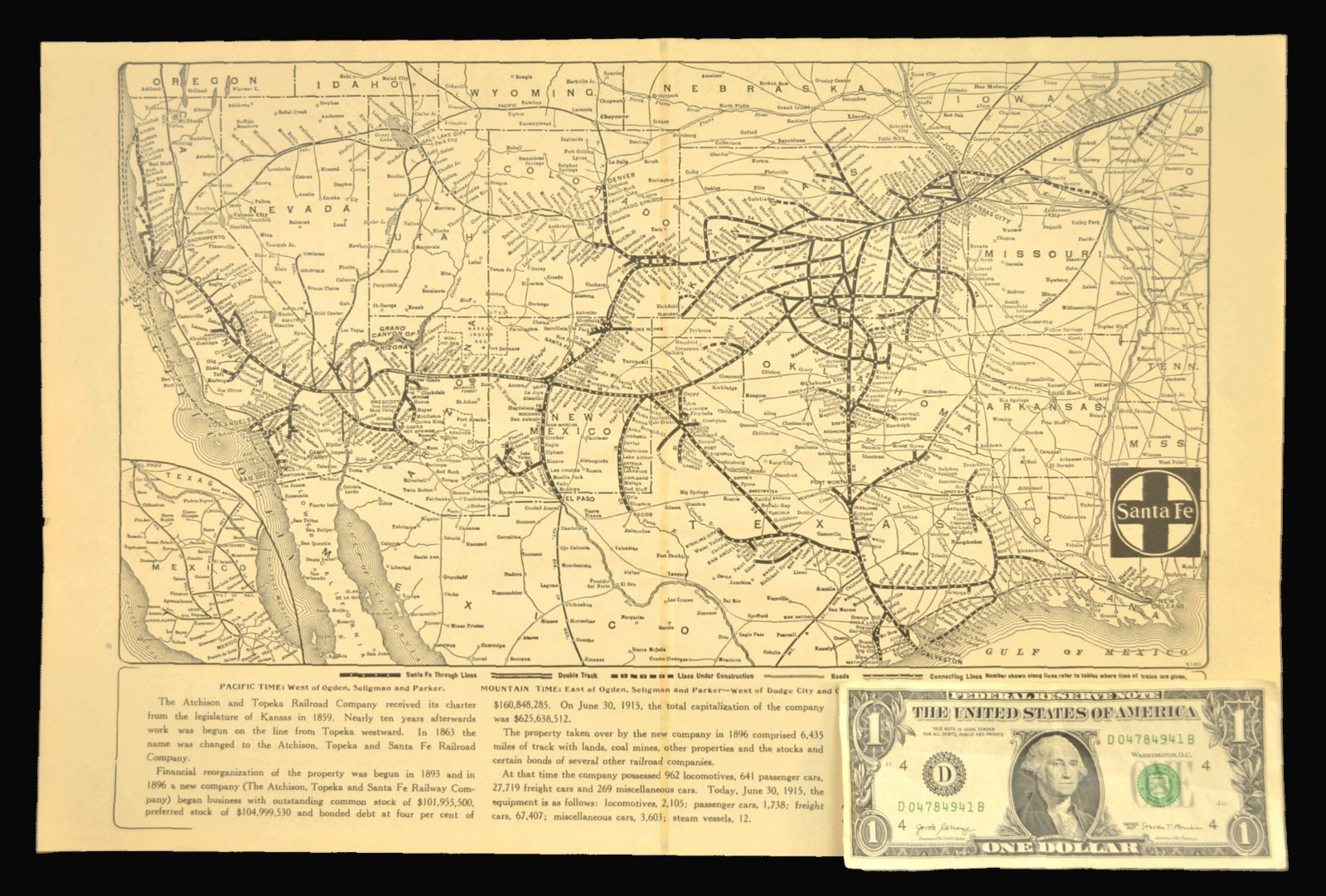 ca 1915 Santa Fe Railroad Map Original Double Track Kansas City San Francisco