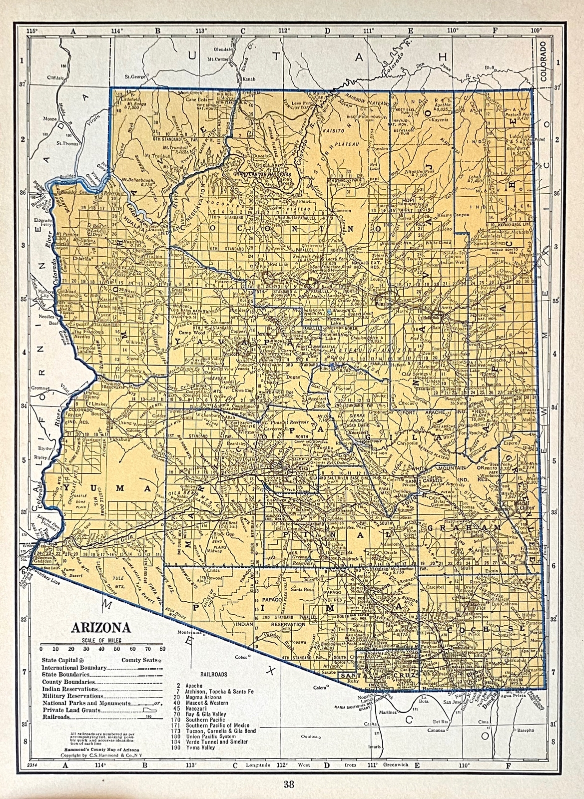 ALABAMA, ARIZONA Original c 1935 County & Railroad Maps. Hammond & Co. 9×12″