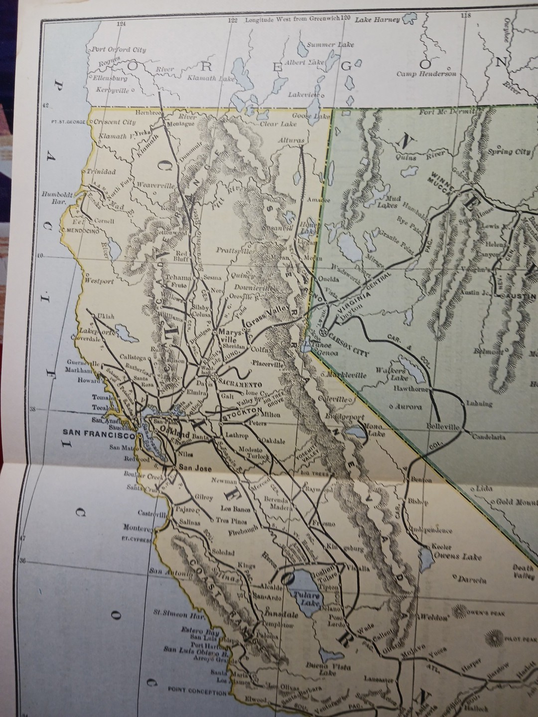 1892 Antique RAILROAD MAP California & Nevada ALL Train Route Lines 9×11″ Color