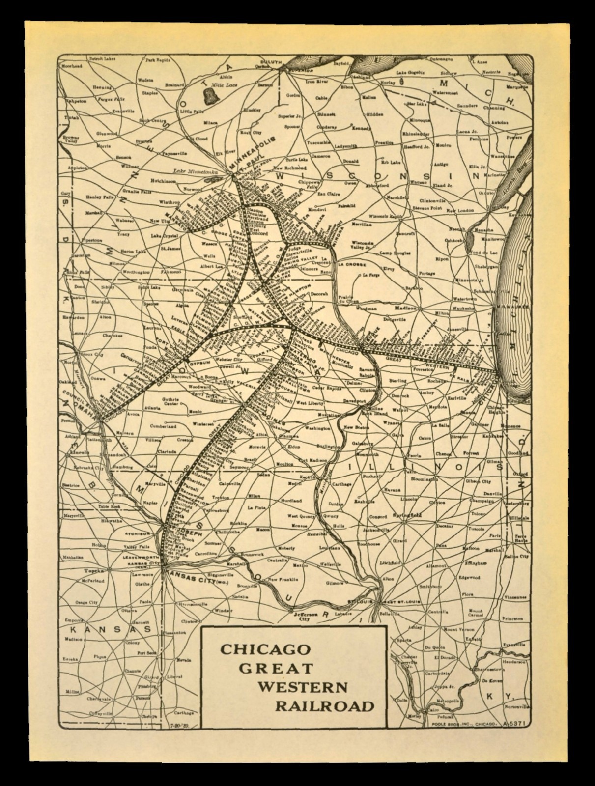 1939 CHICAGO GREAT WESTERN Railroad Map Railway Omaha Minneapolis Antique