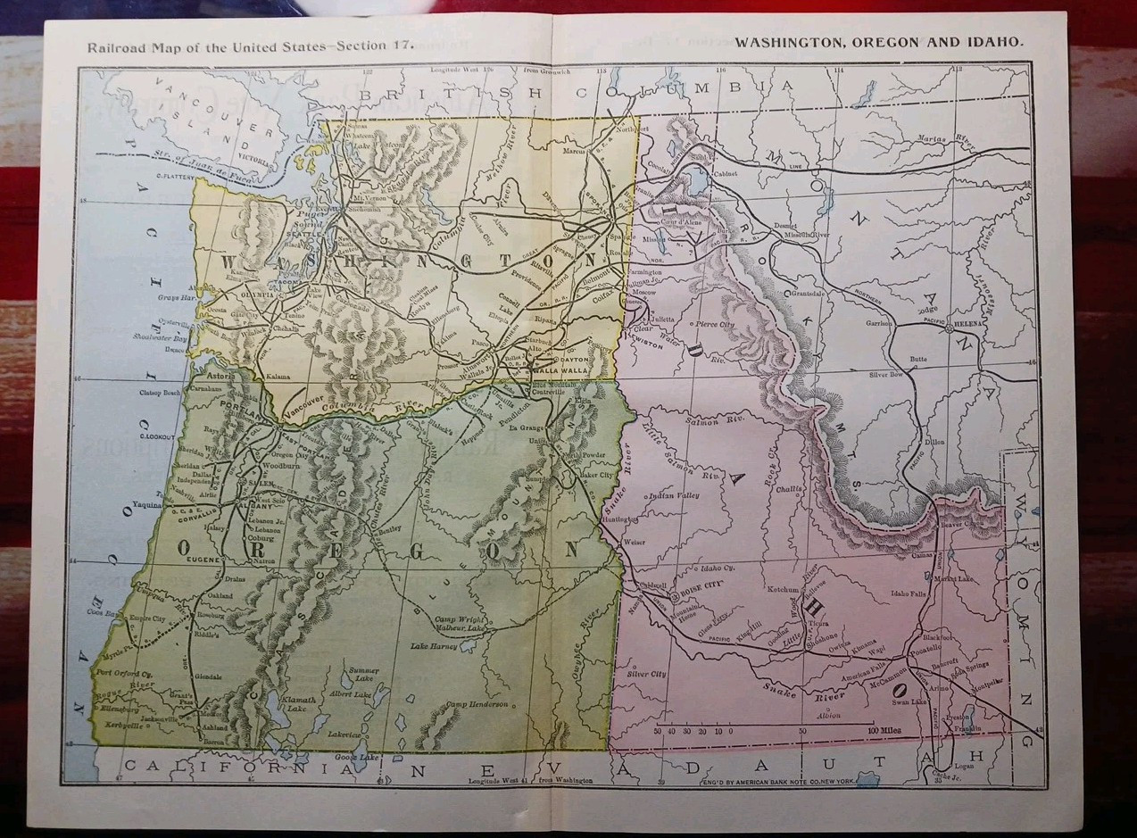 ~ 1897 Train Route Map IDAHO Washington OREGON all Railroad Lines Stations 9×11″