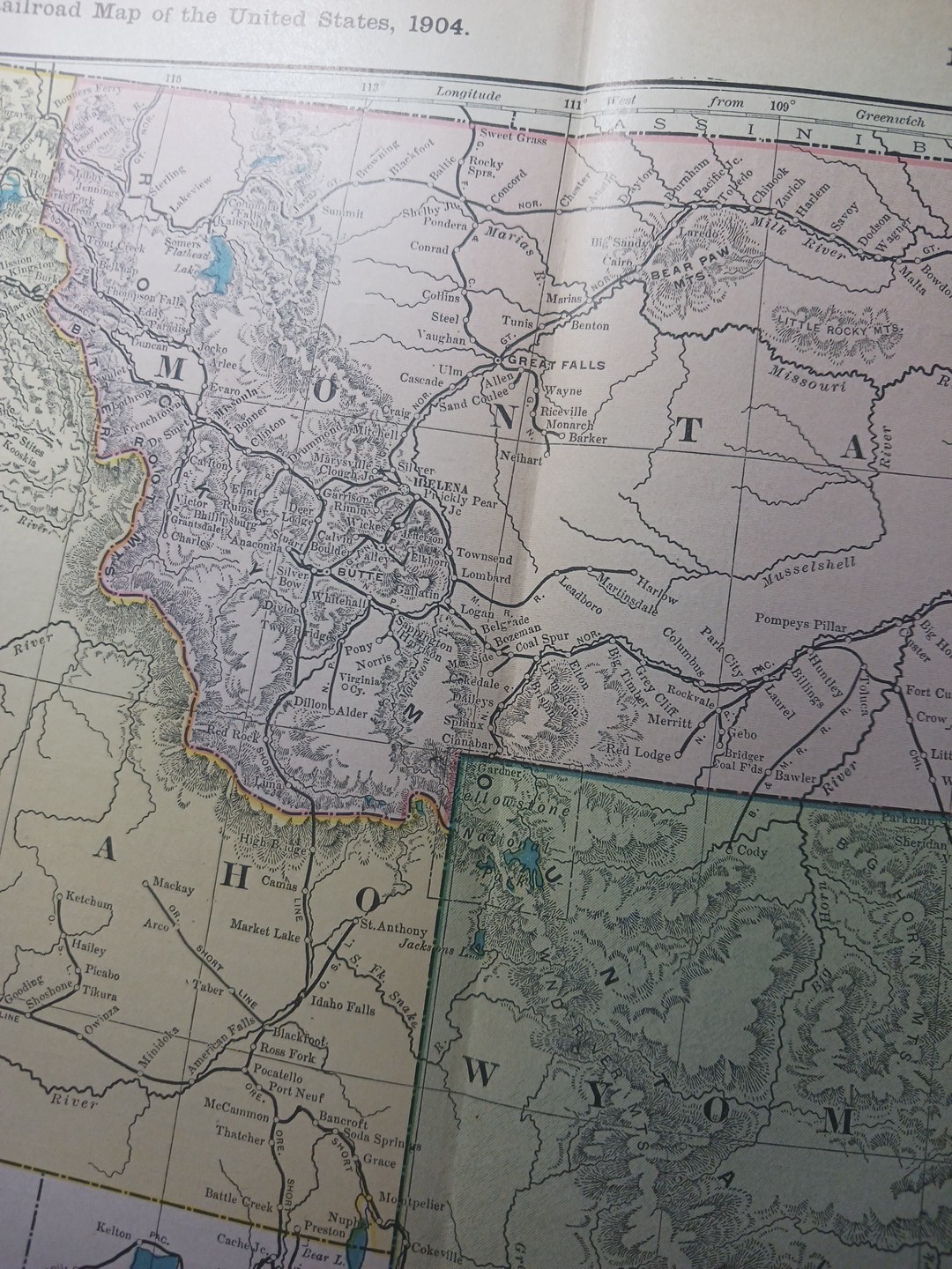 ~1904 Railroad Map MONTANA IDAHO WYOMING All railway Routes Depots 11×9″ vintage