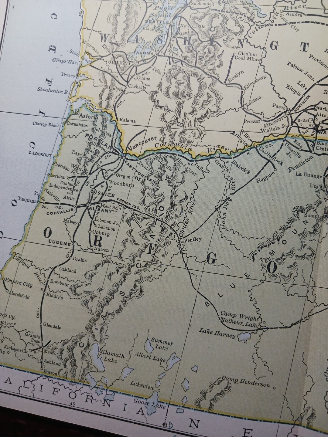 1892 Antique RAILROAD MAP Washington Oregon Utah Train Route Lines 9×11″ Color