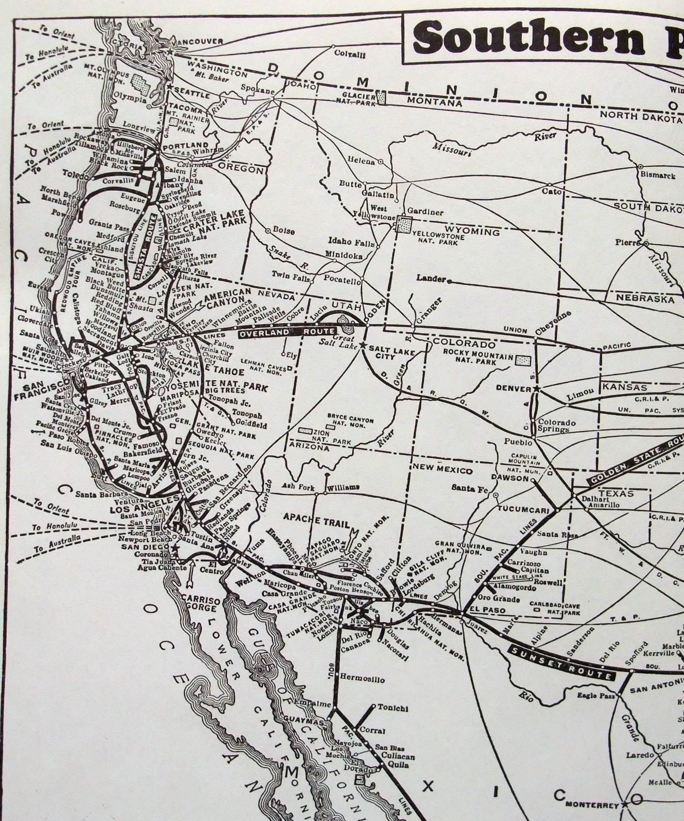 Southern Pacific Railroad – Original 1941 System Map. Antique Railway
