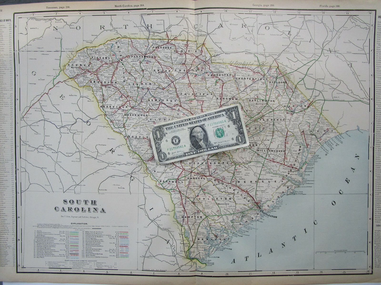 SC 1910 SOUTH CAROLINA Cram INTERURBAN + STEAM RAILROADs Map. EDGEMOOR MANETTA