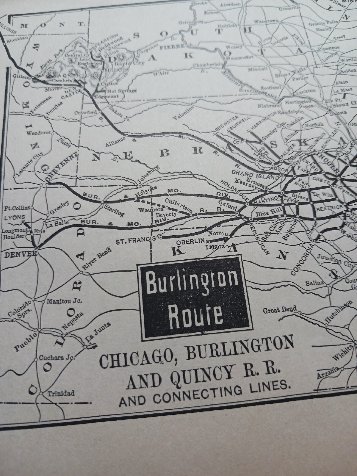 ☆1895 train map THE BURLINGTON ROUTE Chicago Burlington Quincy railroad station