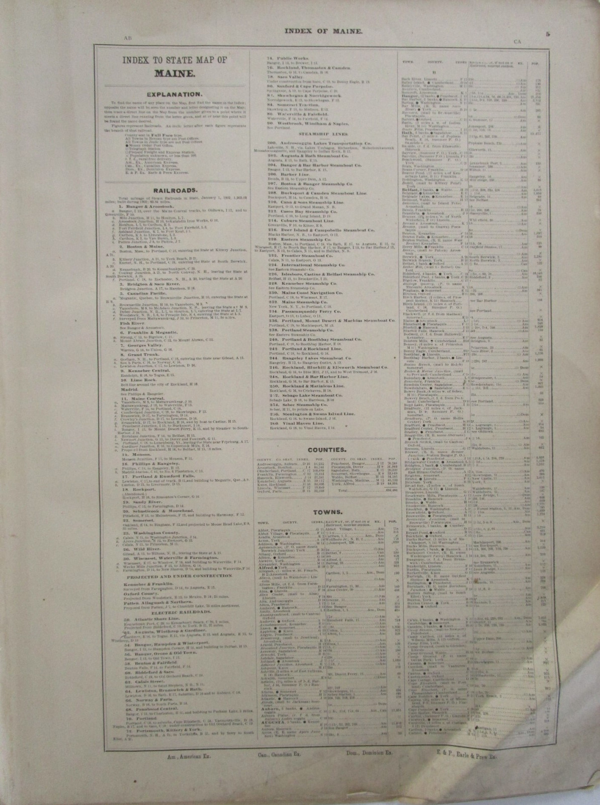 ME 1903 MAINE STEAM / INTERURBAN RAILROAD MAP. AS IS. HEAVY FOLDS BUT COMPLETE