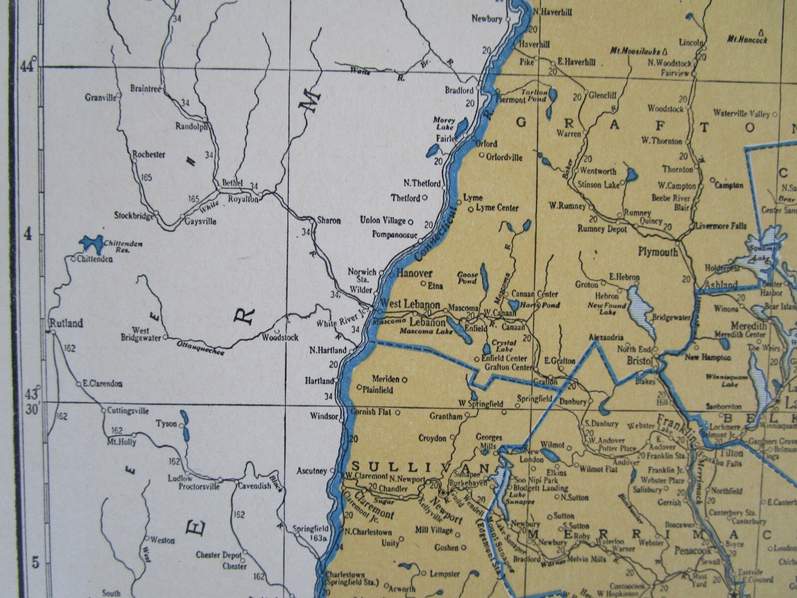 NV NH PRE WWII 1939 NEVADA RAILROAD Map TONAPAH TIDEWATER RR ~or~ NEW HAMPSHIRE