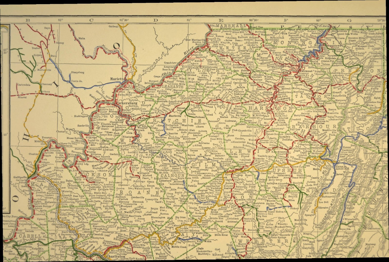1914 Antique Map of WEST VIRGINIA Railroads Map ORIGINAL Atlas Map B&O RR DATED