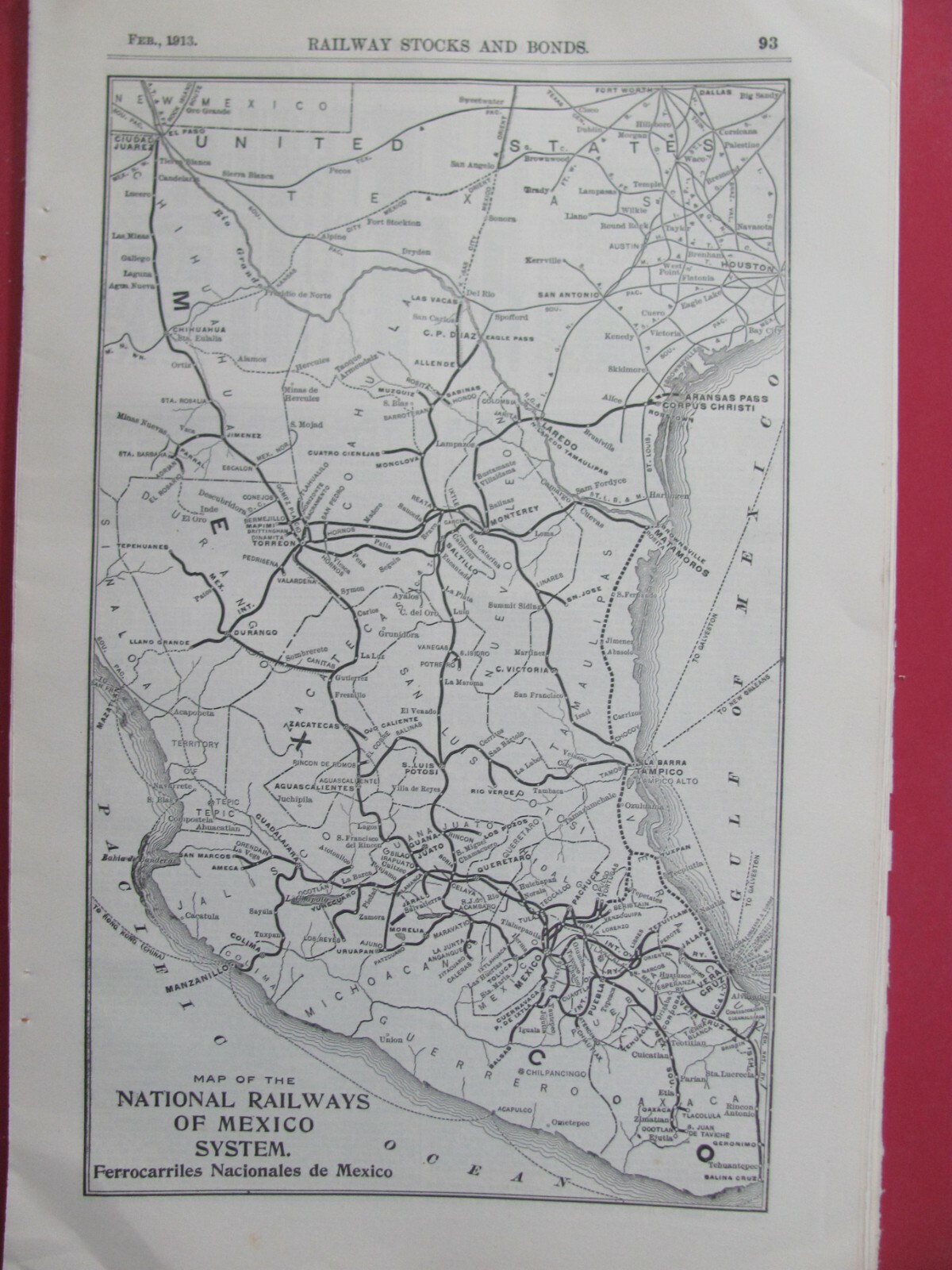 1913 NATIONAL RAILWAY of MEXICO RAILROAD SYSTEM MAP ROUTES STATIONS HISTORY