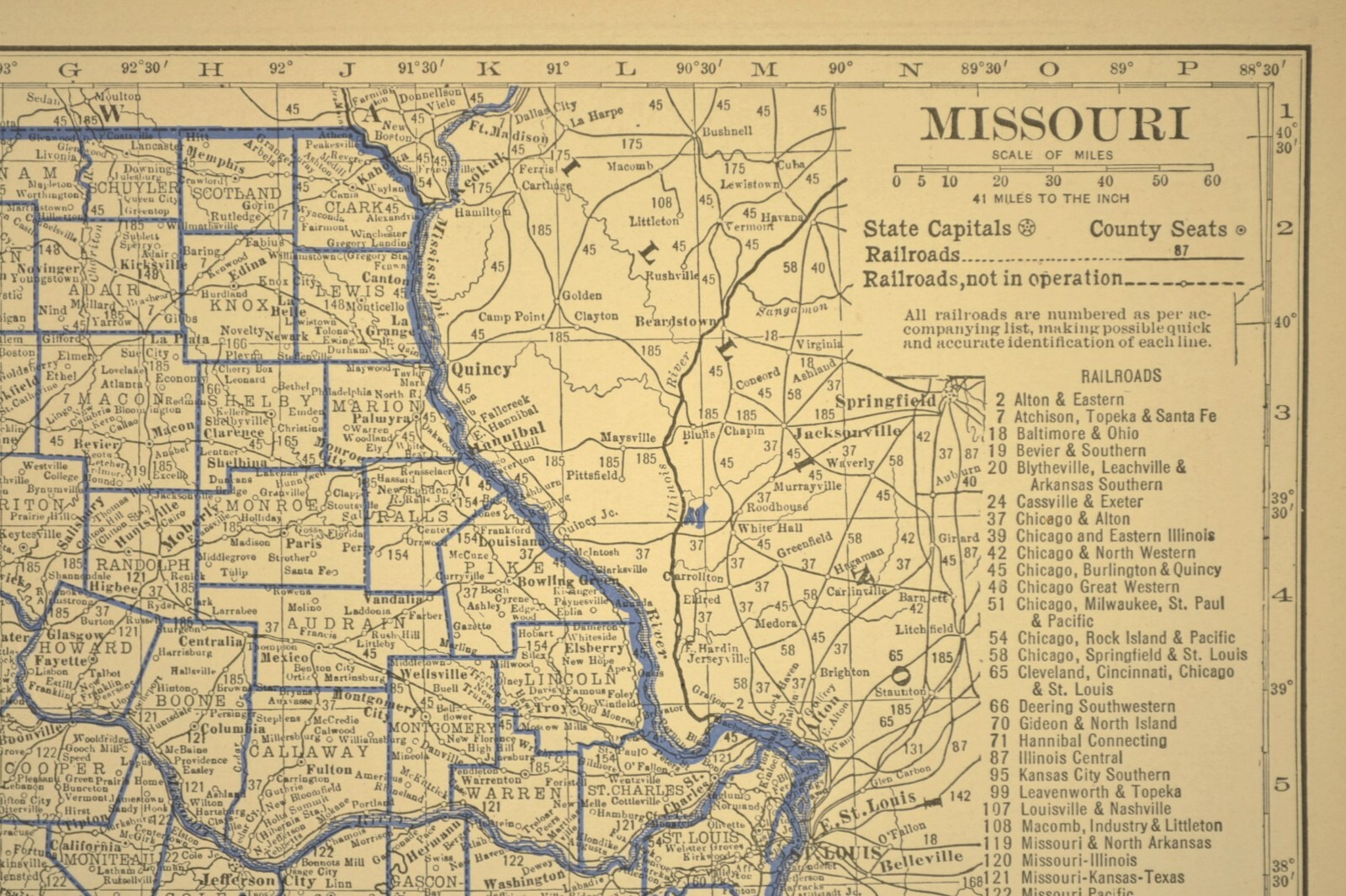 ca 1930 MISSOURI Railroad Map Depot Towns MP RR Mo Pac Historic Atlas Map