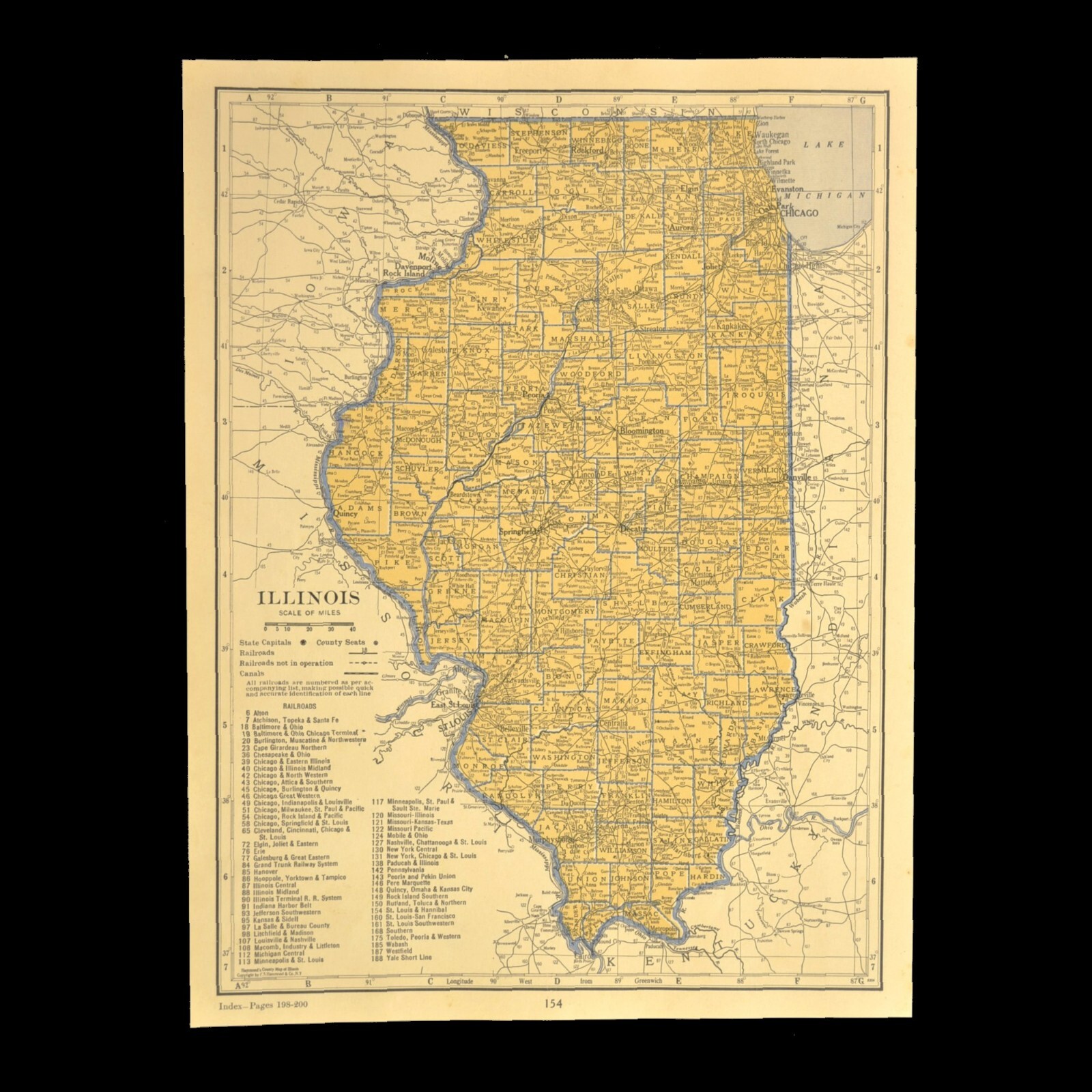 ca1939 ILLINOIS Railroad Map Depot Towns CBQ RR Historic Original Atlas Map