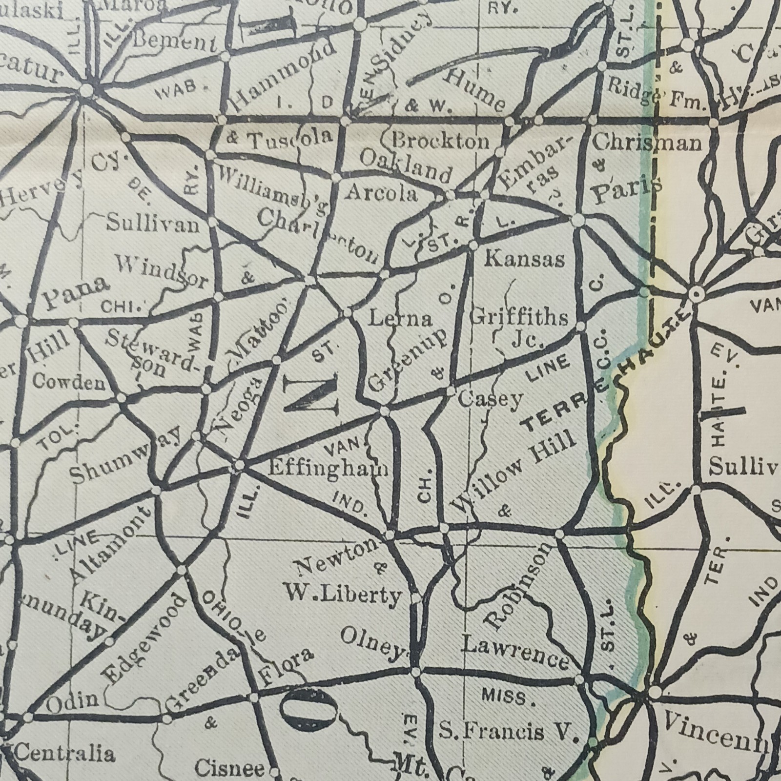 1891 antique Railroad Map Illinois & Indiana all Railway lines Depots & routes