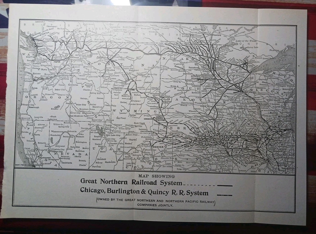 ~1910 Train Route Map GREAT NORTHERN Pacific RAILROAD SYSTEM All Lines 9″x12″