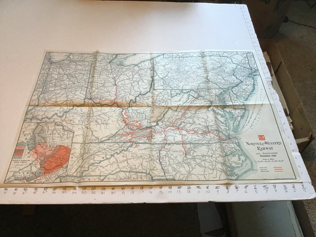 vintage railroad map: 22×32″ NORFOLK & WESTERN Railway 1925