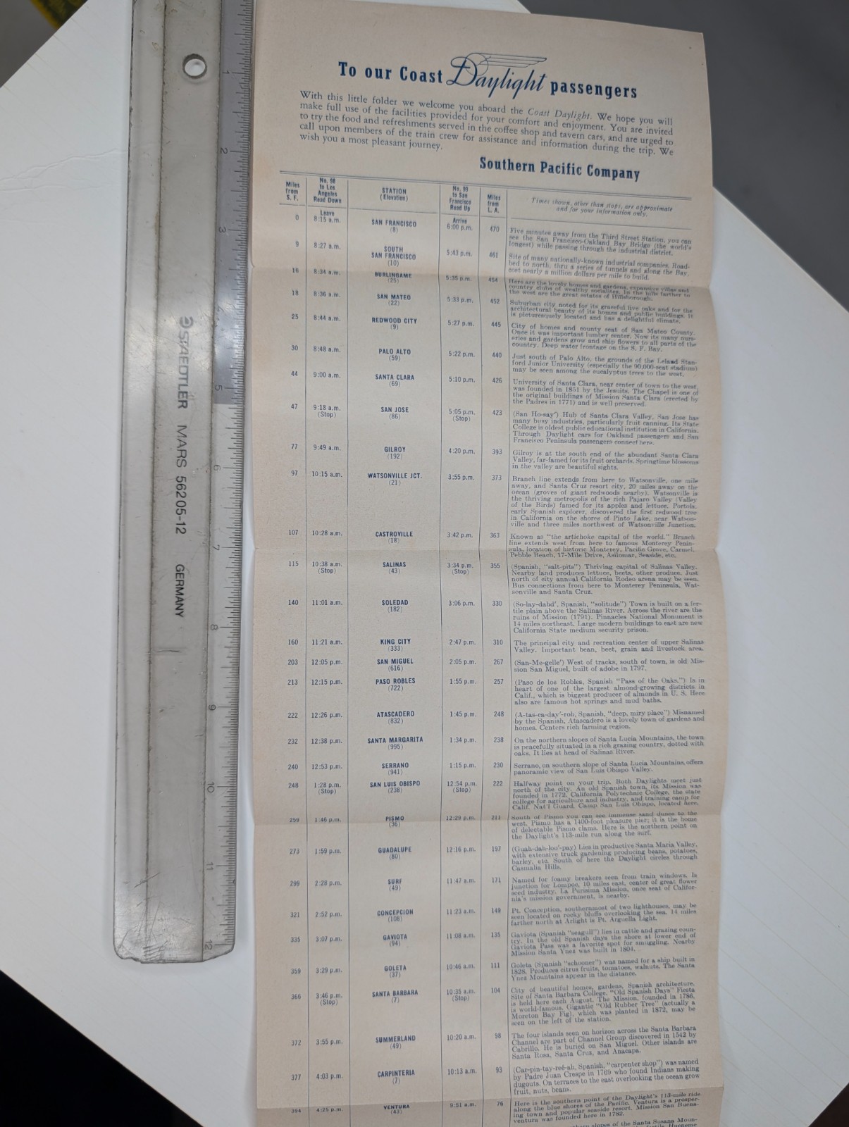 Vtg CA Southern Pacific Coast Daylight Foldout Map Route Schedule Brochure