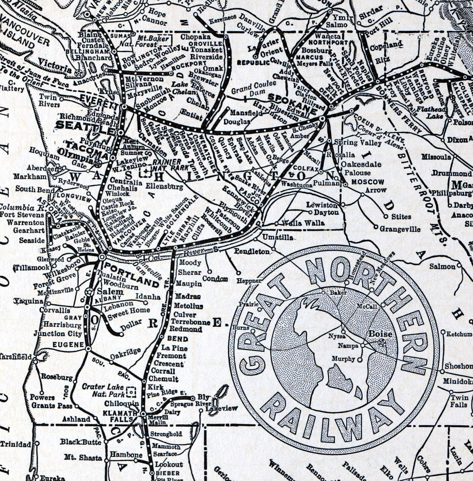 1941 LaSalle Railroad Map Great Northern Railway Seattle Glacier Yellowstone NP