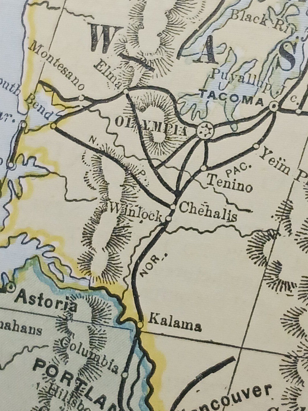 1892 Antique RAILROAD MAP Washington Oregon Utah Train Route Lines 9×11″ Color