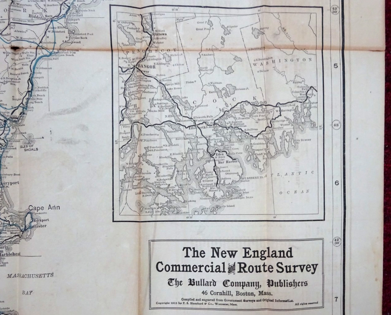 1913 FOLDING RAILROAD MAP NEW ENGLAND COMMERCIAL ROUTE SURVEY 45″x34″ BULLARD Co