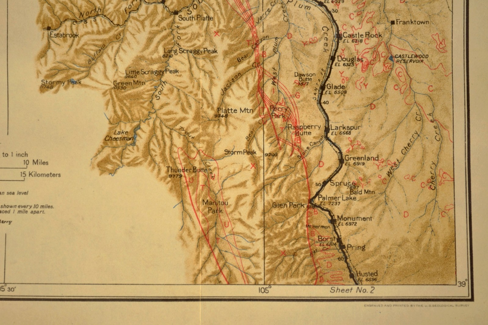 1922 Antique Denver Rio Grande Railroad Map Castle Rock Colorado Parker Husted