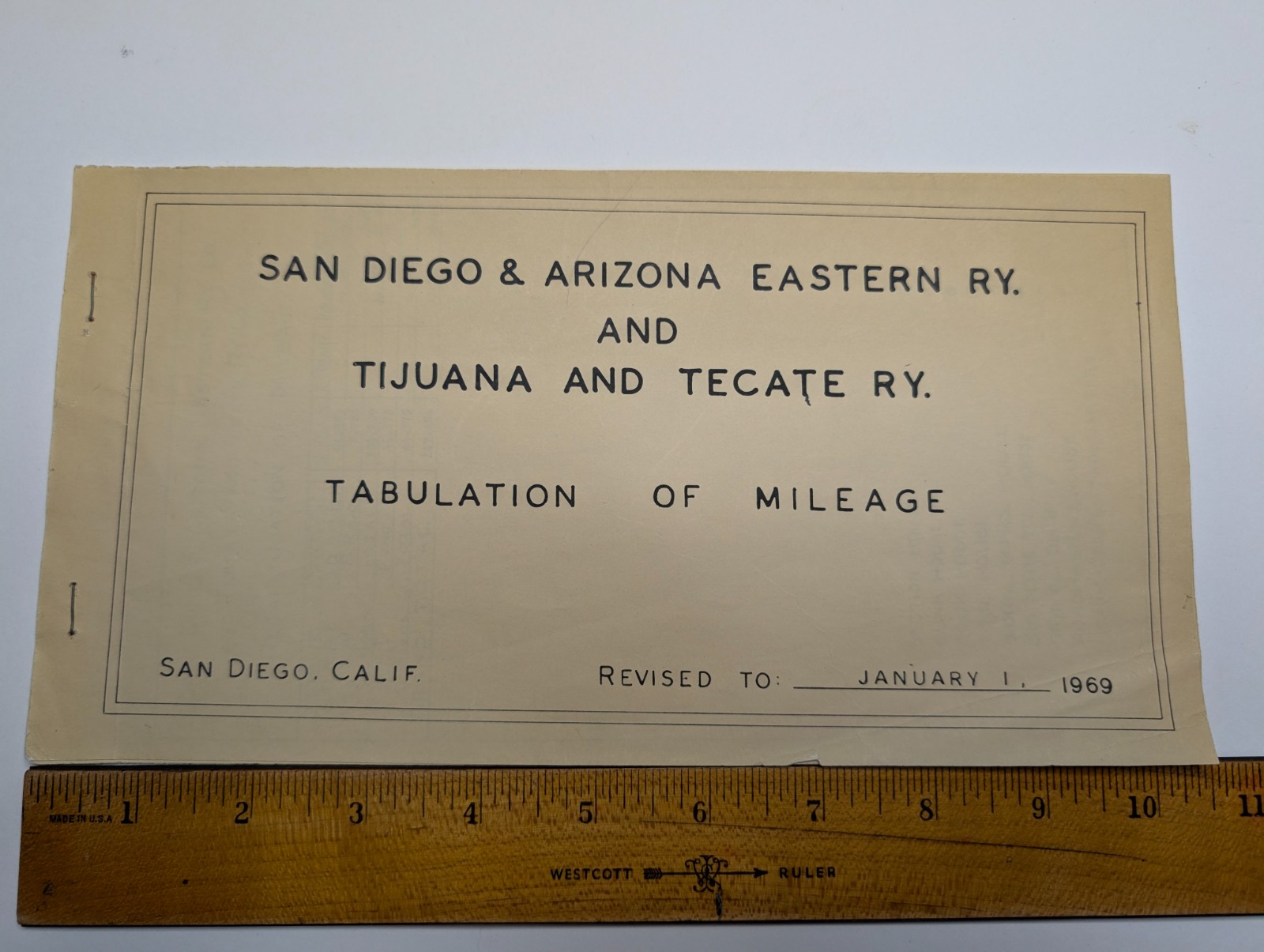 1969 San Diego & Arizona Eastern Tijuana Tecate Ry Railroad Mileage Booklet Map