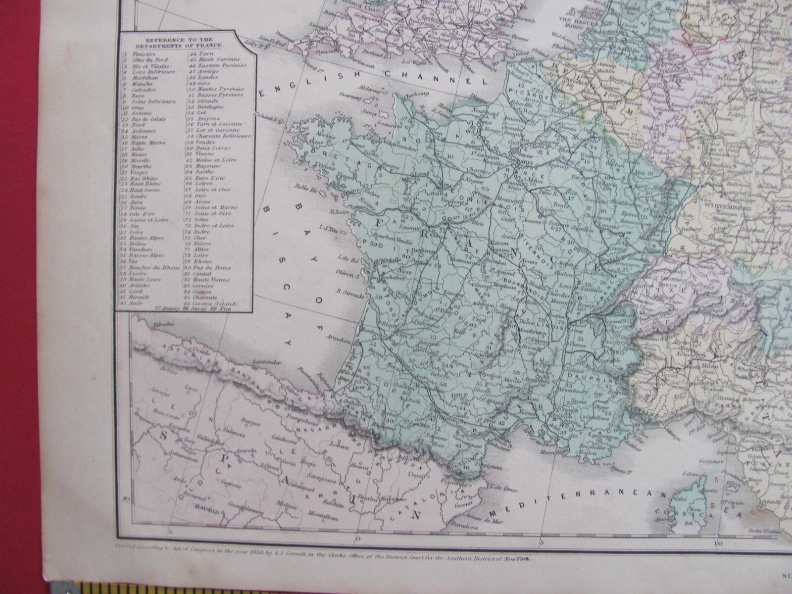 1856 EASTERN EUROPE BRITISH ISLES ASIA COLOR CORNELL’S ATLAS MAP W/ RAILROADS