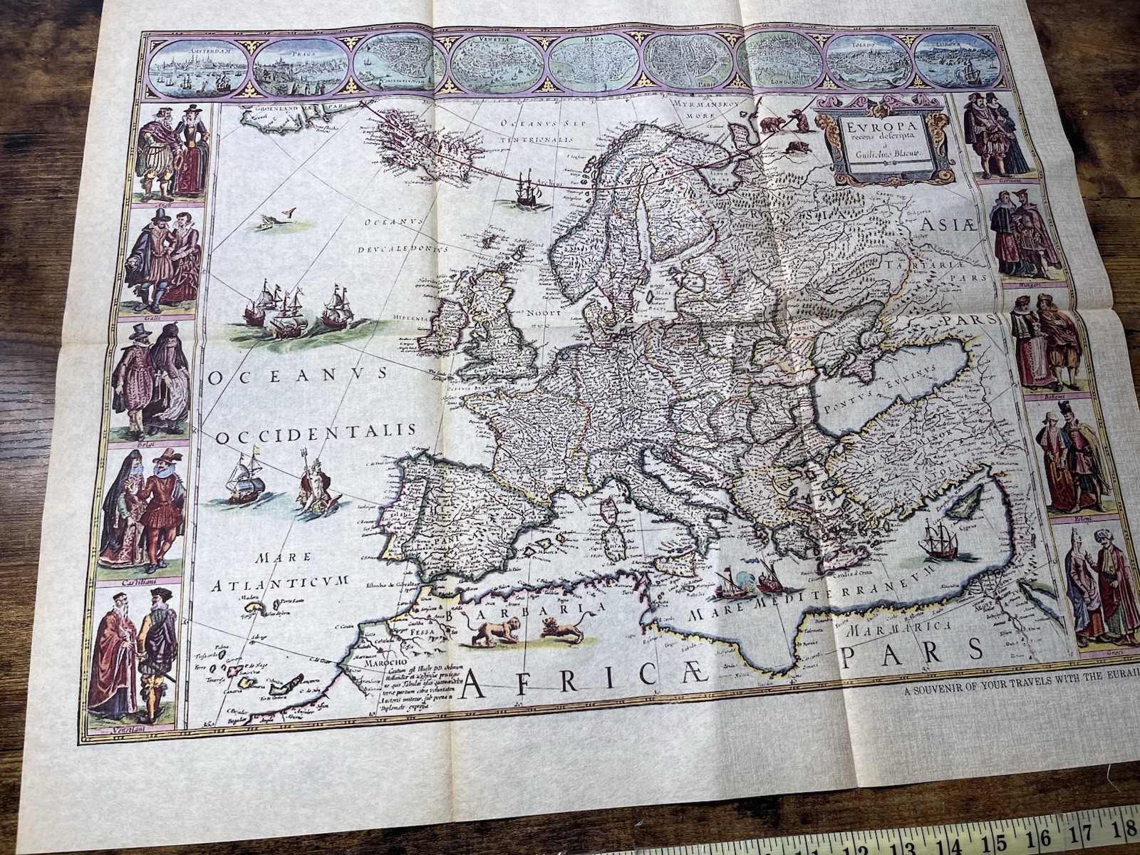 1975 Eurailpass Europe Souvenir Map Fabric Print Blaeu Style with Envelope
