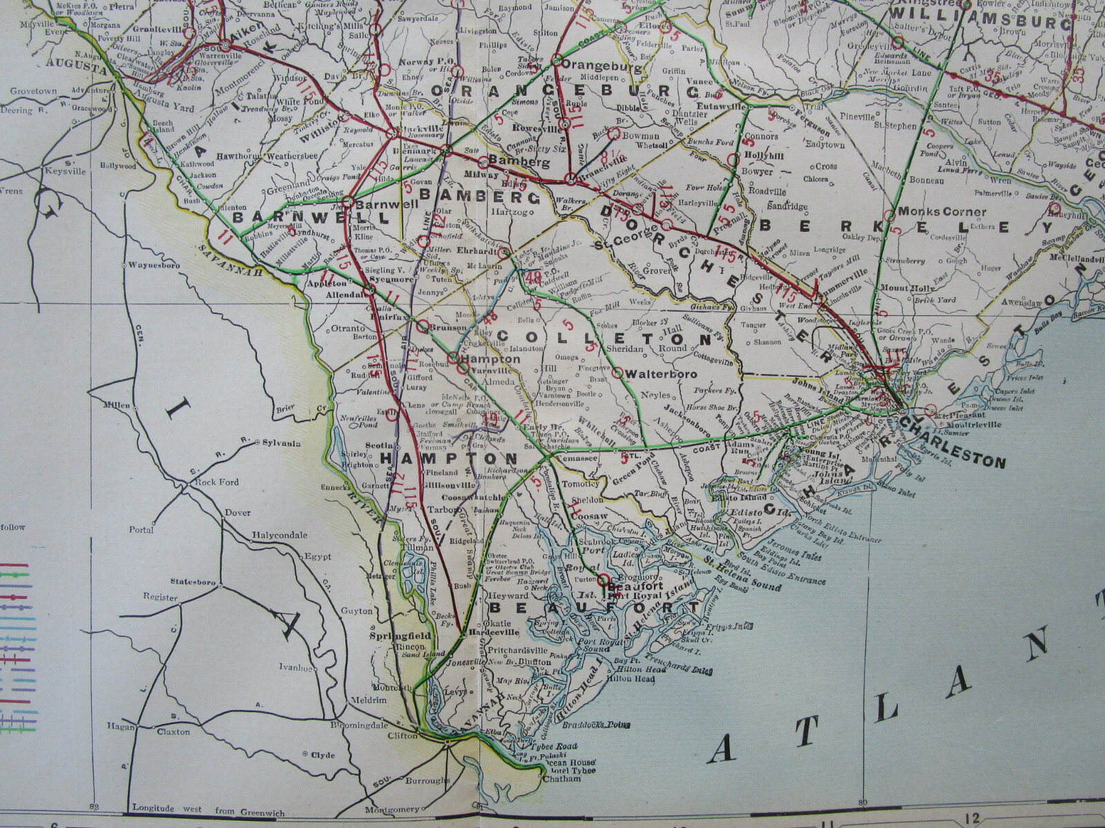 SC 1910 SOUTH CAROLINA Cram INTERURBAN + STEAM RAILROADs Map. EDGEMOOR MANETTA