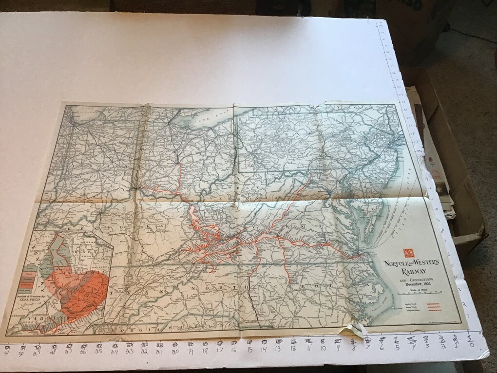 vintage railroad map: 22×32″ NORFOLK & WESTERN Railway 1923