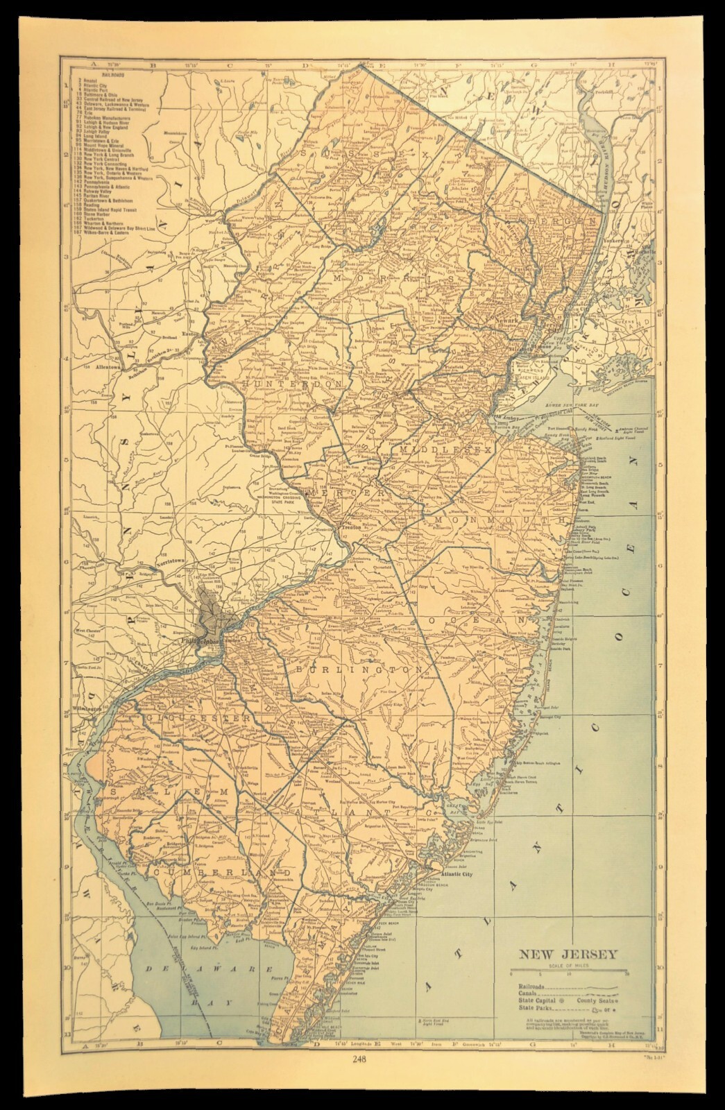 Vintage NEW JERSEY Railroad Map PRR LARGE Pennsylvania RR Original Atlas Antique