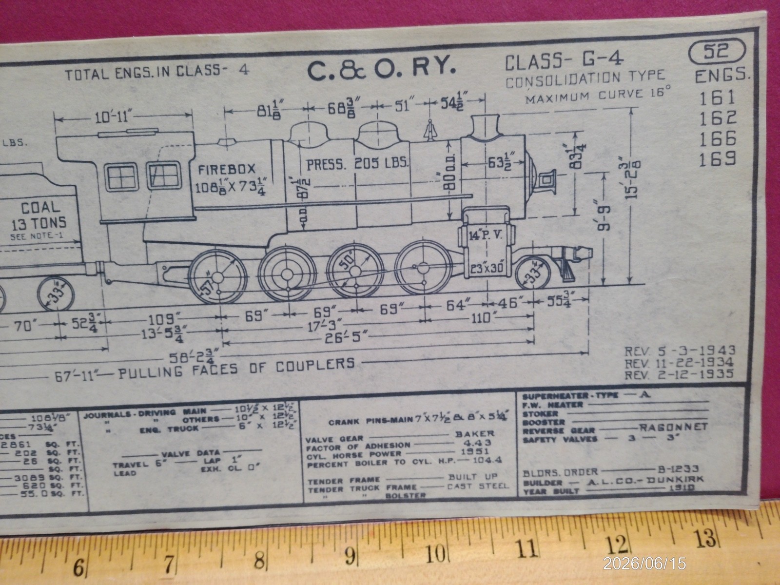 CHESAPEAKE & OHIO RAILROAD ORIG PRINTED DIAGRAM CLASS G-4 LOCOMOTIVE #161-169