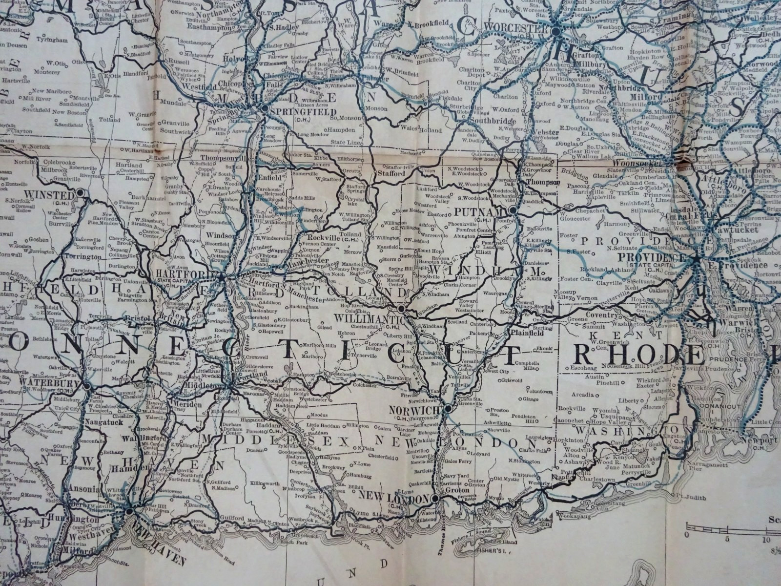 1913 FOLDING RAILROAD MAP NEW ENGLAND COMMERCIAL ROUTE SURVEY 45″x34″ BULLARD Co