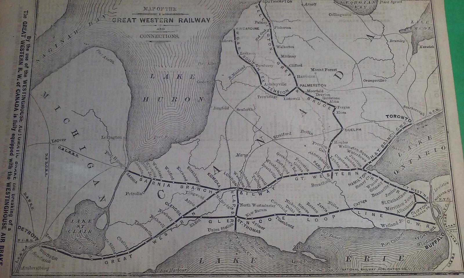 Rare 1876 GREAT WESTERN Railroad Railway & Connections & Routes Print Map