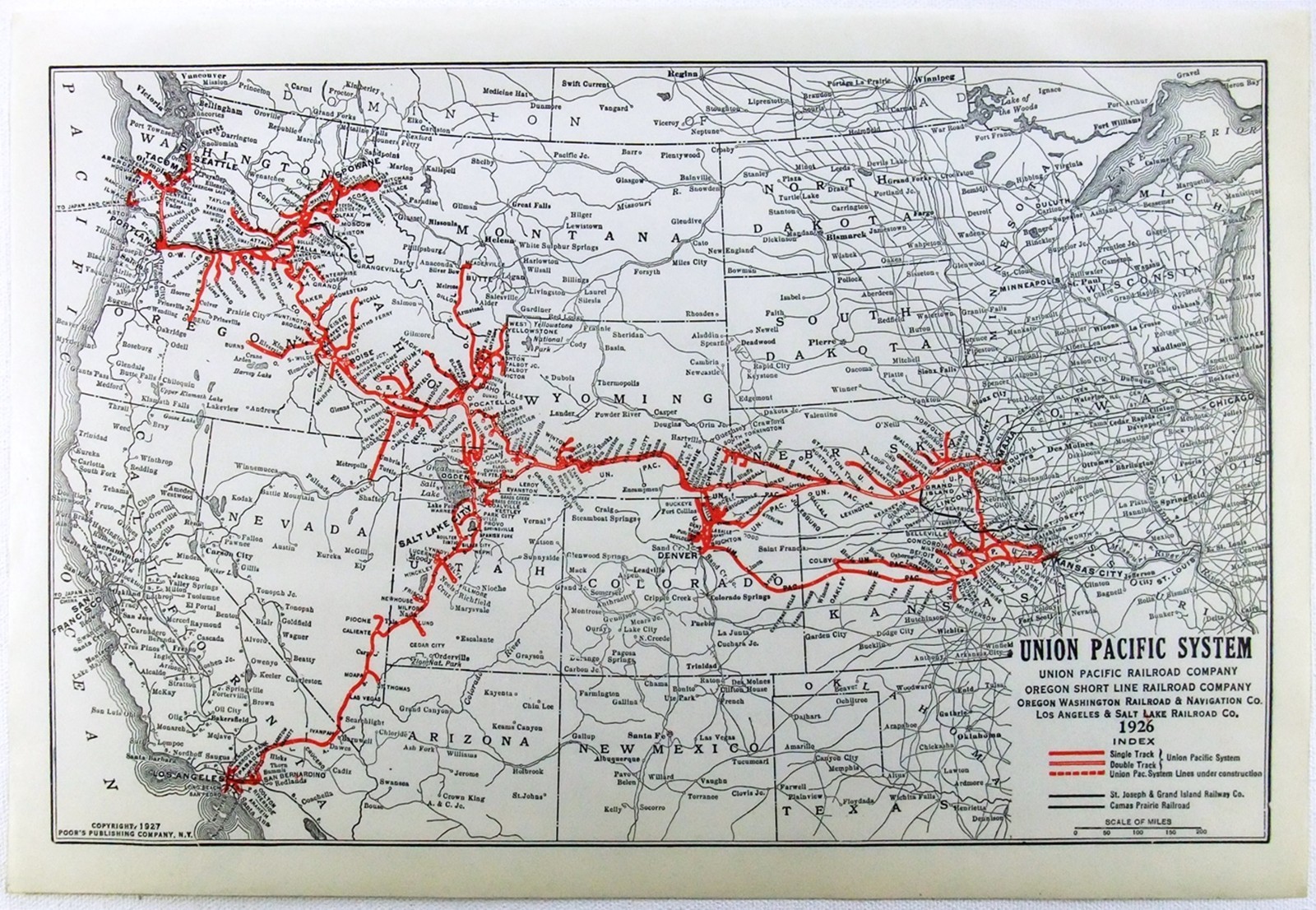 Union Pacific System – Original 1926 Dated Railroad Map. Antique