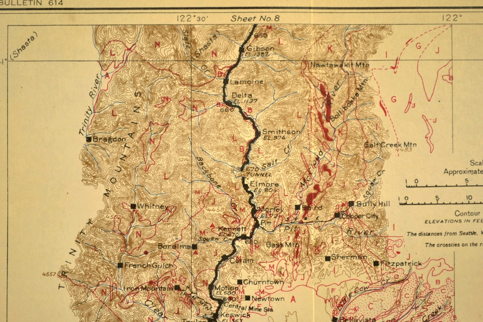 1915 Southern Pacific Railroad Map Redding California Copper Mining Shasta Route