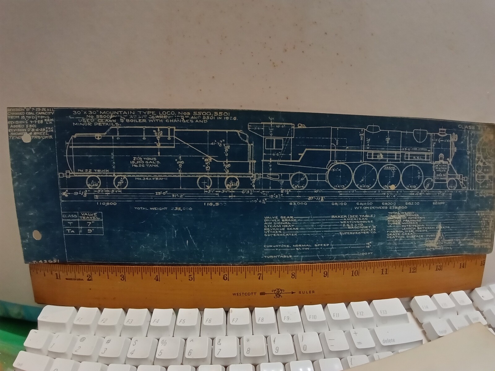 BALTIMORE & OHIO RAILROAD ORIG BLUEPRINT DIAGRAM CLASS T 4-8-2 LOCOMOTIVE #5501+