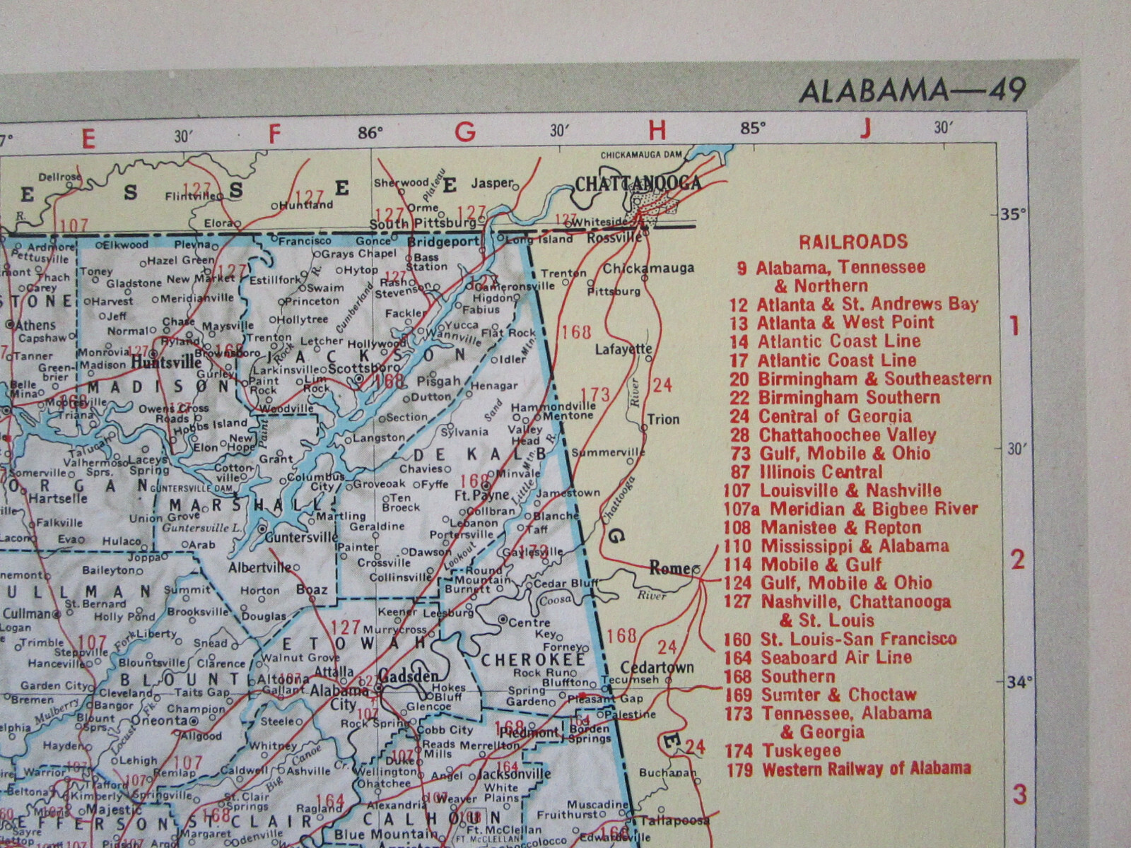 AL AZ Vintage 1951 ALABAMA RAILROAD Map. MERIDIAN BIGBEE RIVER RR or ARIZONA