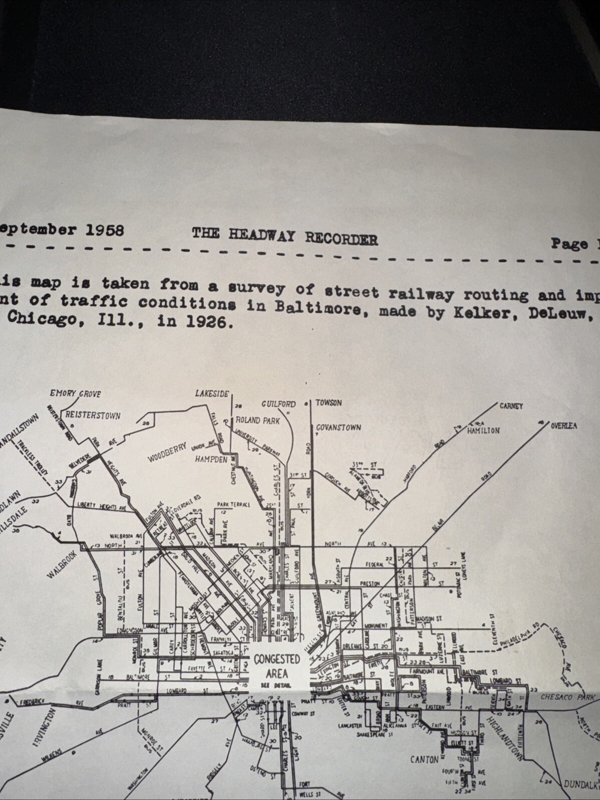 1958 BALTIMORE Survey Of Street Railway Routing &traffic In Baltimore MD
