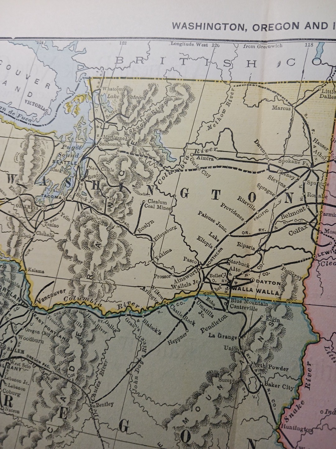 1892 Antique RAILROAD MAP Washington Oregon Utah Train Route Lines 9×11″ Color