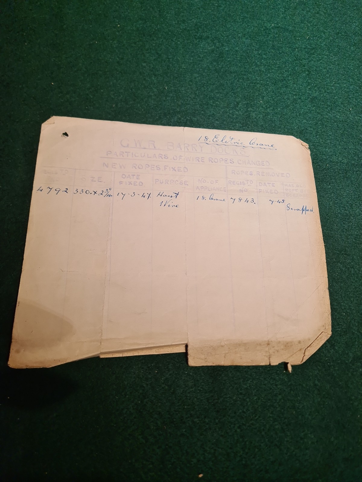 GWR Railway Barry Docks – 18 Electric Crane 1947 – Hoist Wire change & 1938 info