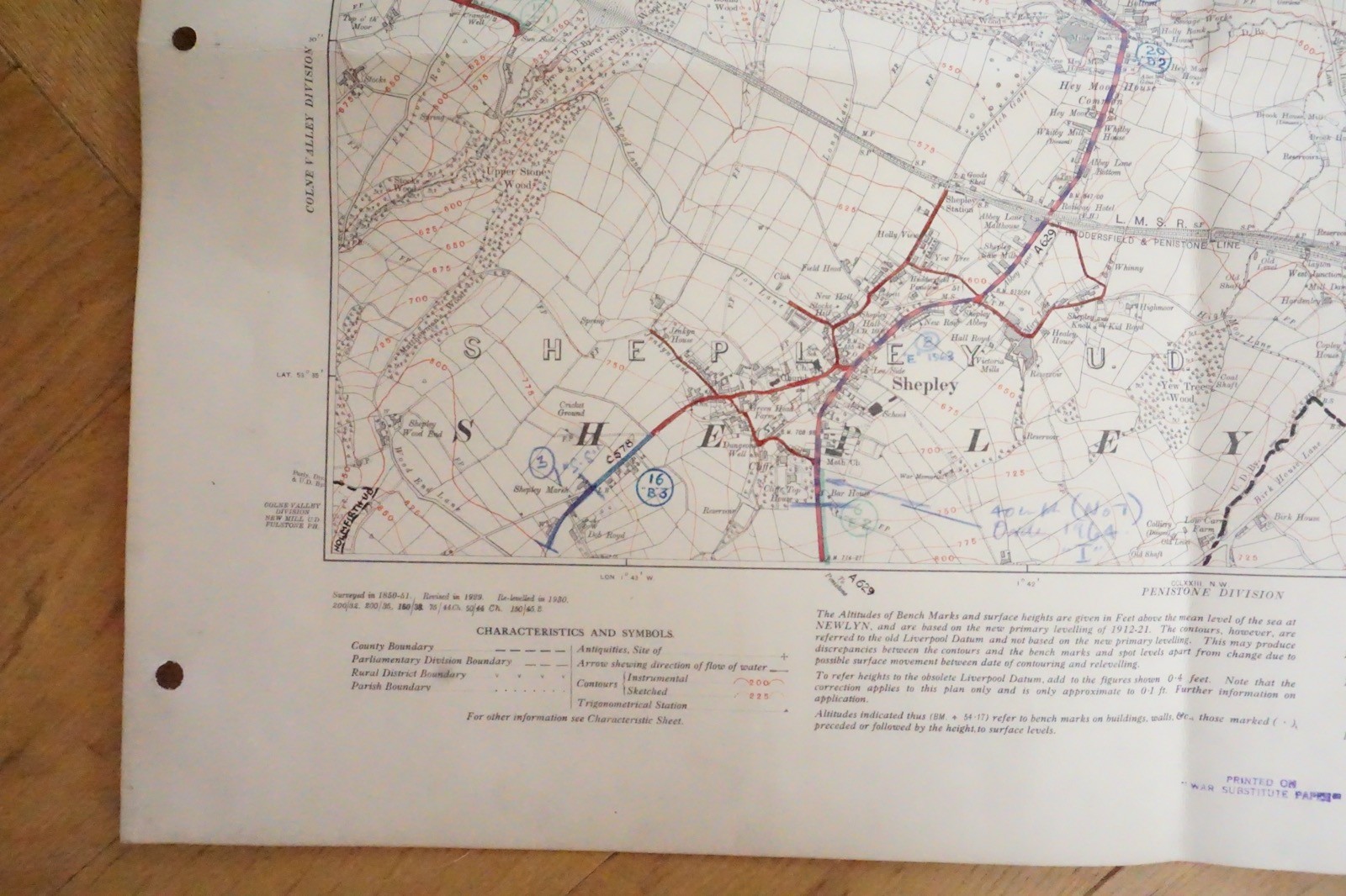 1938 Shelley Shepley Yorkshire LMS Railway OS Linen Map Ref 66 **