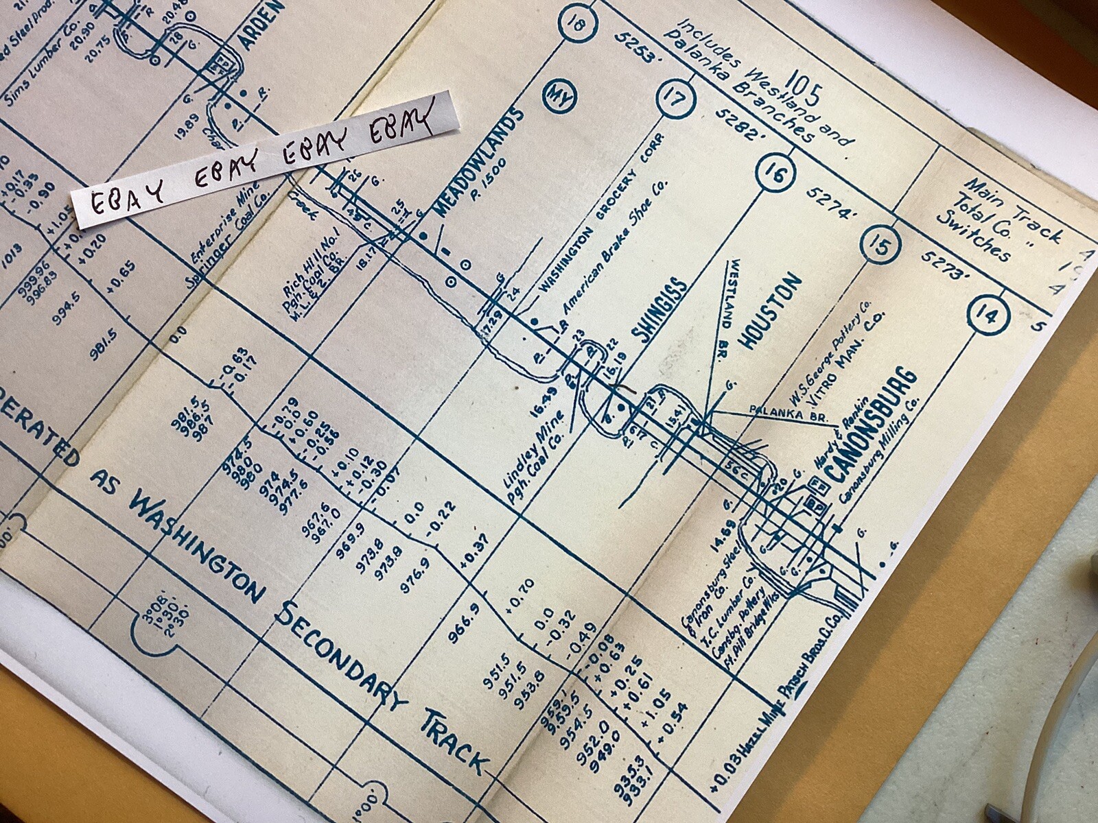1955 PRR Pennsylvania Railroad Track Chart Washington Canonsburg Meadowlands NEW