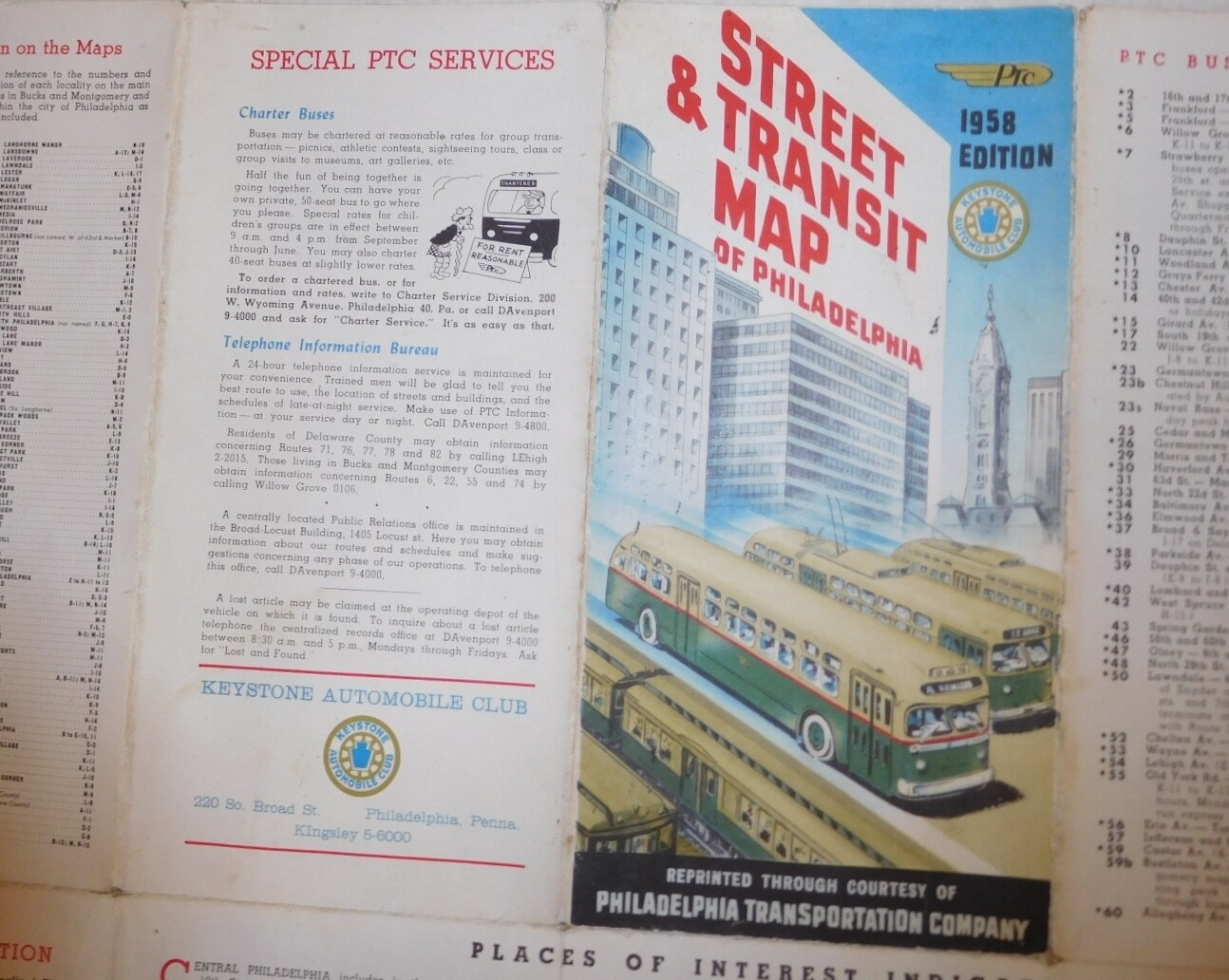 Map Keystone Auto Club PTC Street & Transit Map of Philadelphia 1958