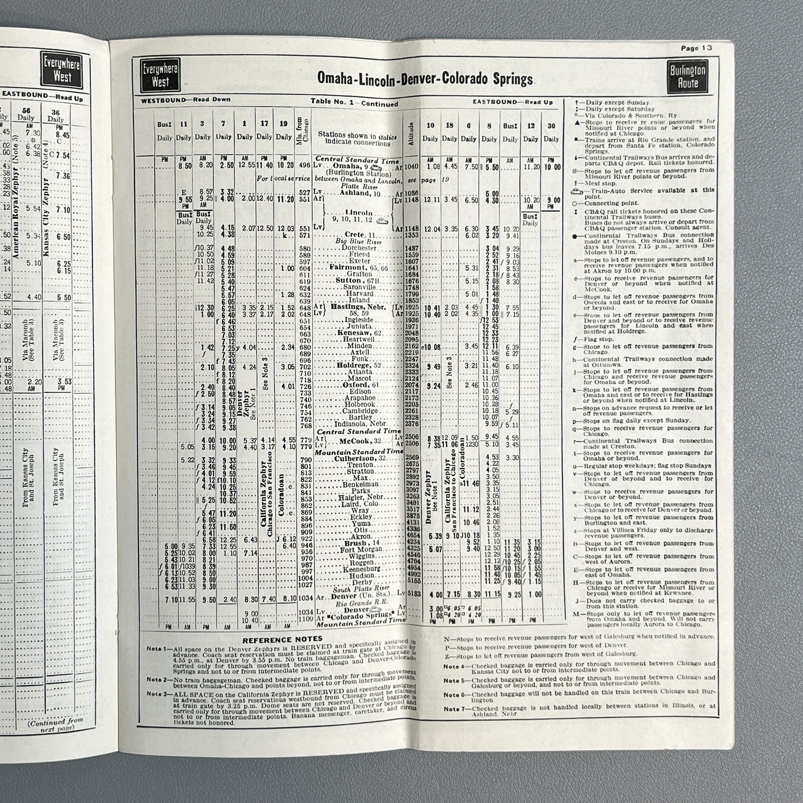 Vtg 1959 Burlington Route Railroad System Time Table Denver Zephyr Vista Map