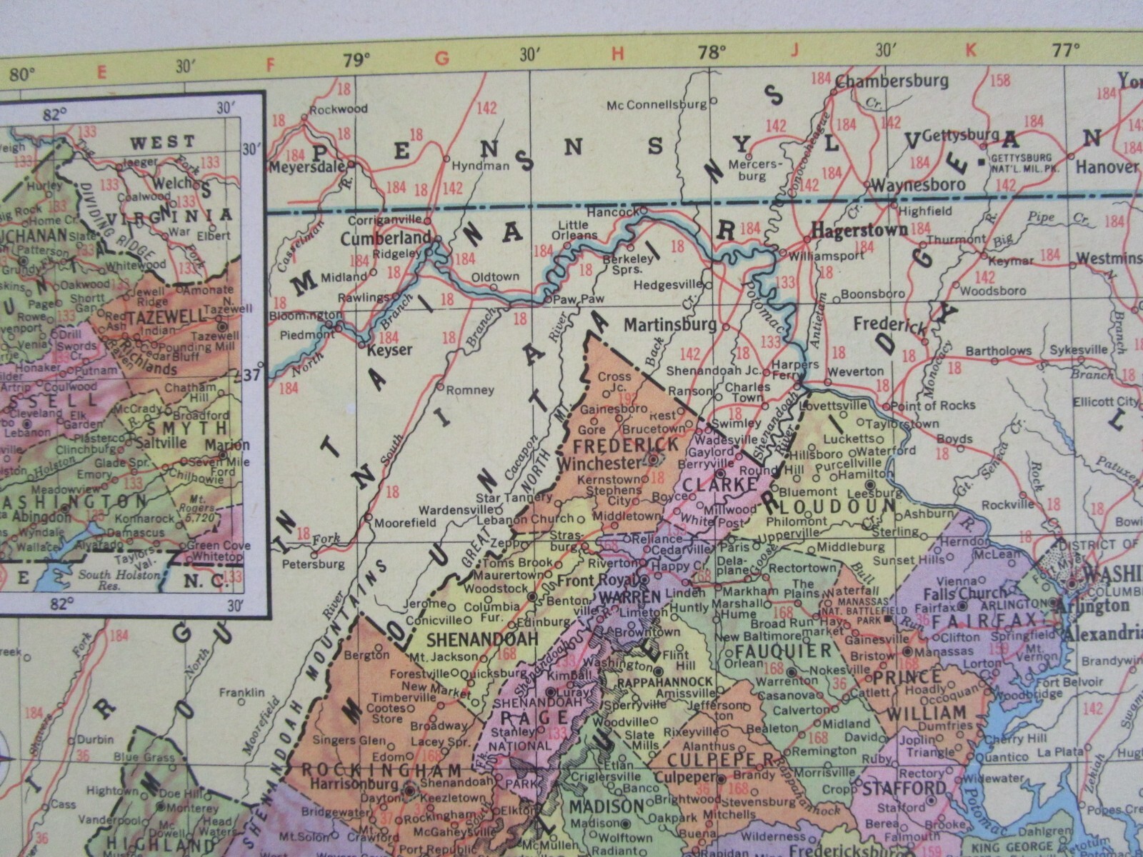 VA VT 1959 VIRGINIA RAILROAD Map B&O, C&O, WINCHESTER & WESTERN or VERMONT