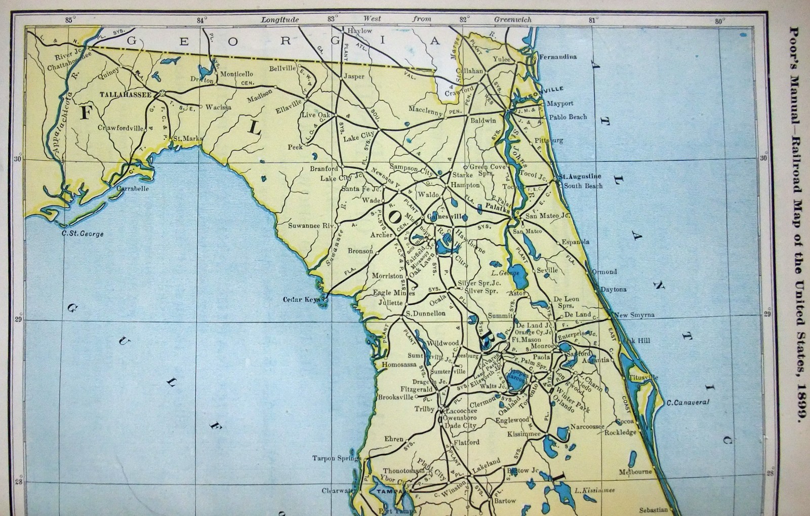Florida – Original 1899 Railroad Map. Antique
