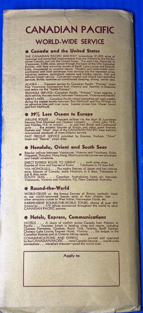 Rare 1939 Canadian Pacific Lines Rail Road Full Size Pull Out Service Map