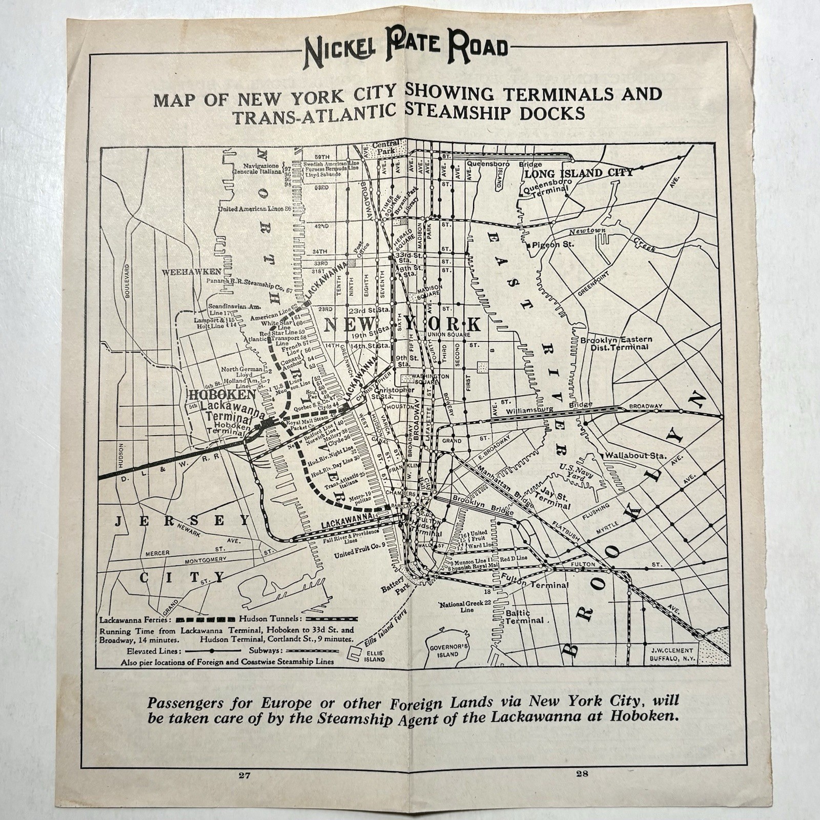 Vintage Nickel Plate Road New York City Railroad Map NYC Steamship Docks Hoboken